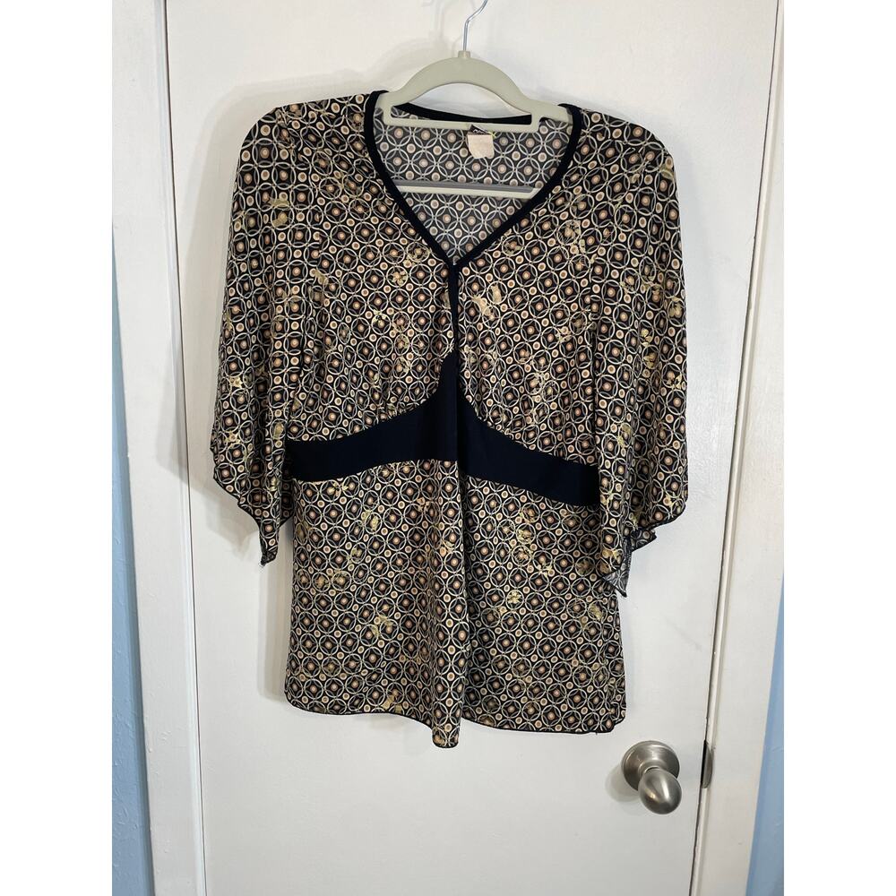 VTG Y2K Babydoll Blouse Medium Gold Abstract Whimsygoth Flutter Sleeve 90s